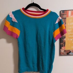 Amazon Teal Short-Sleeve Crewneck Sweater with Pink, Yellow & Red Stripe Accents